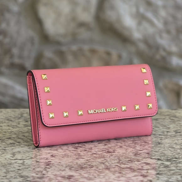 Michael Kors Handbags - Michael Kors Jet Set Studded Pink Trifold Wallet